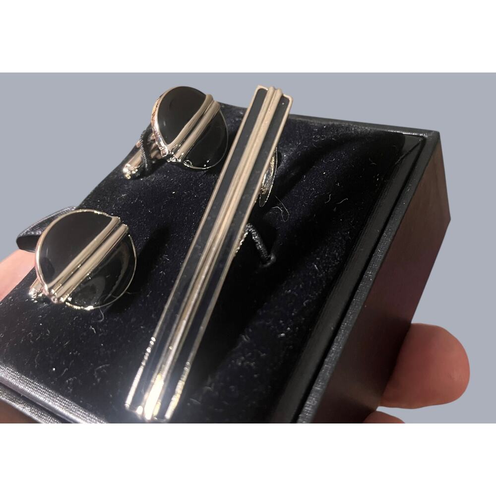 Mancini New York Men’s Modern Black and Silver Tie Bar and Cuff Links NWB